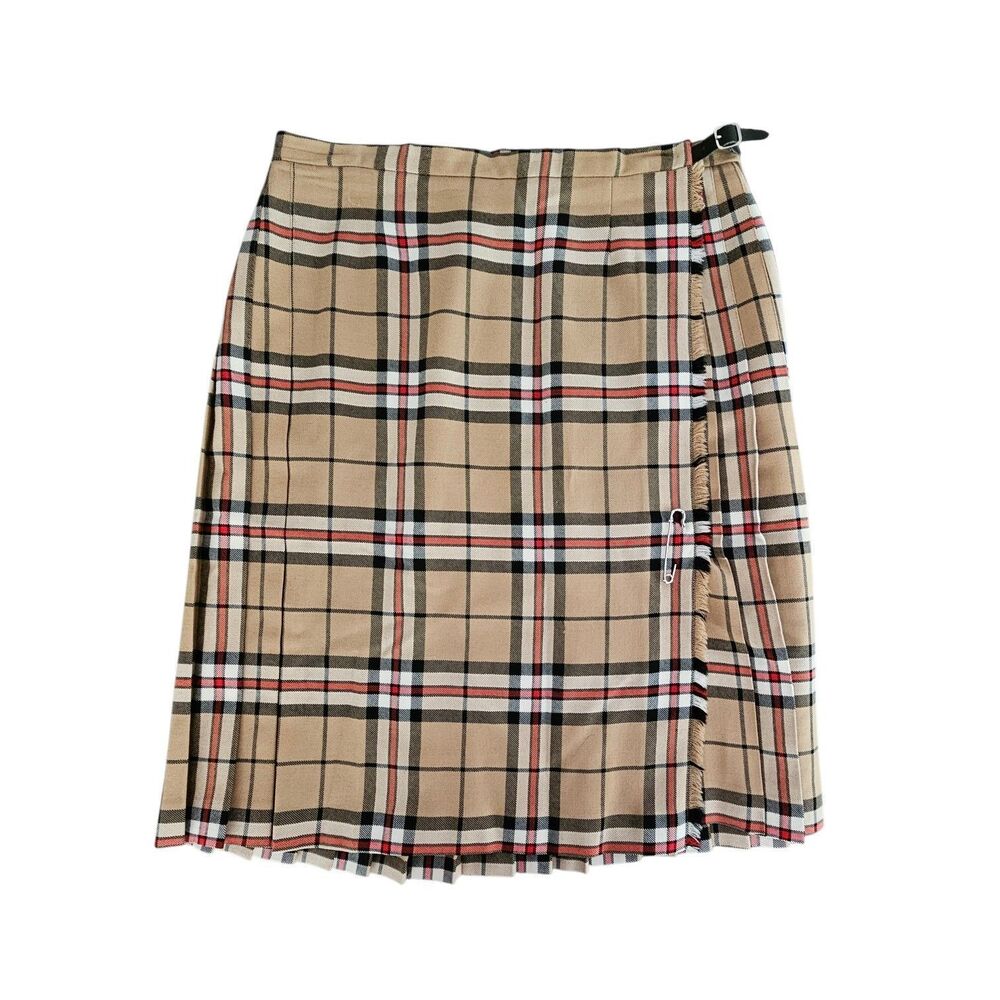 Vtg Kerry Hope England Tan Tartan Plaid New Wool Pleated Kilt Skirt Size 20